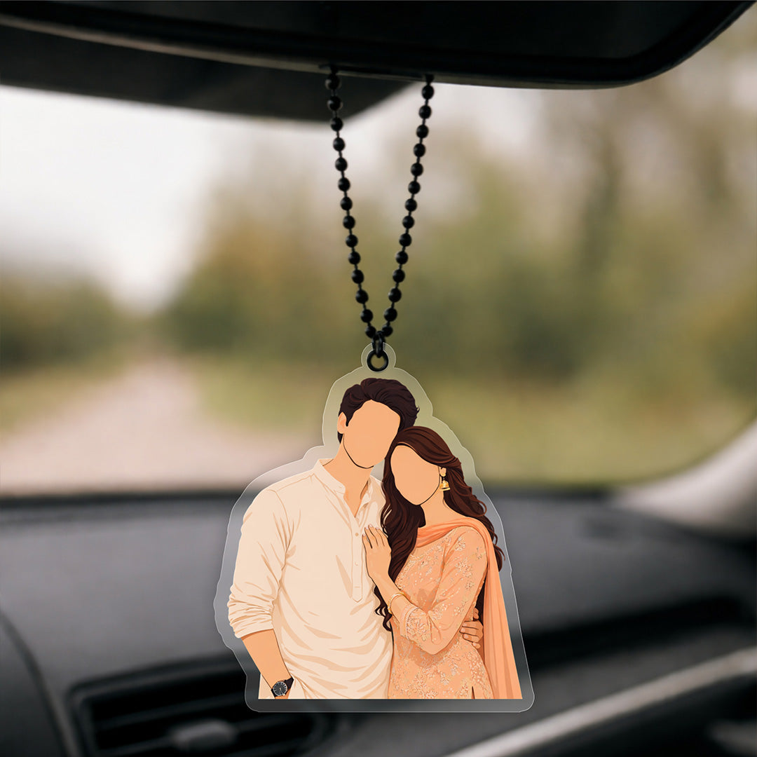 Personalized Faceless Couple Car Hanging – Custom Photo Acrylic Rear View Mirror Hanging Décor (2x3 Inch) | Love Craft Gifts