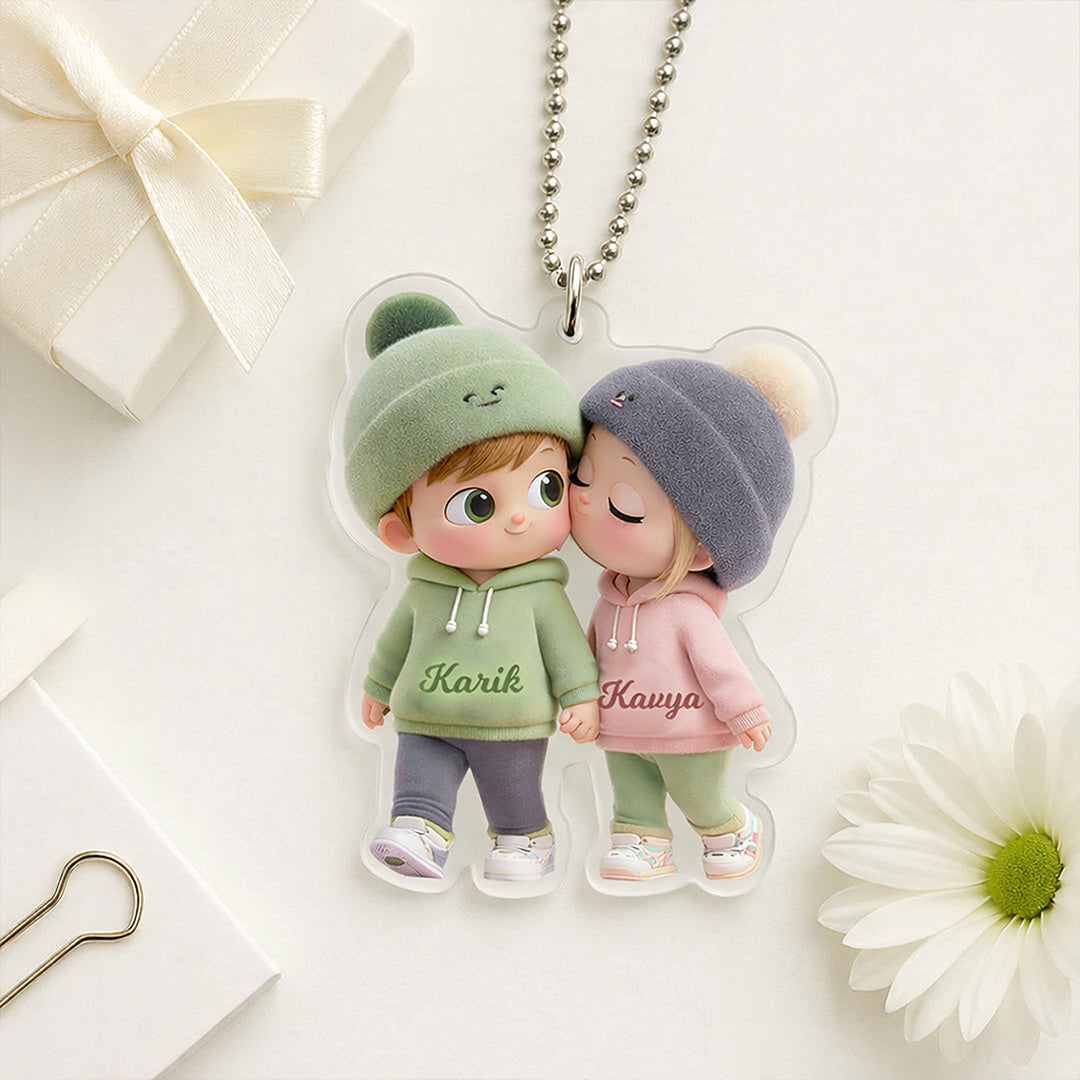 Personalized Couple Cartoon Acrylic Cutout Car Hanging – Custom Name Cute Couple Rearview Mirror Décor (2x2.5 Inch) | Love Craft Gifts