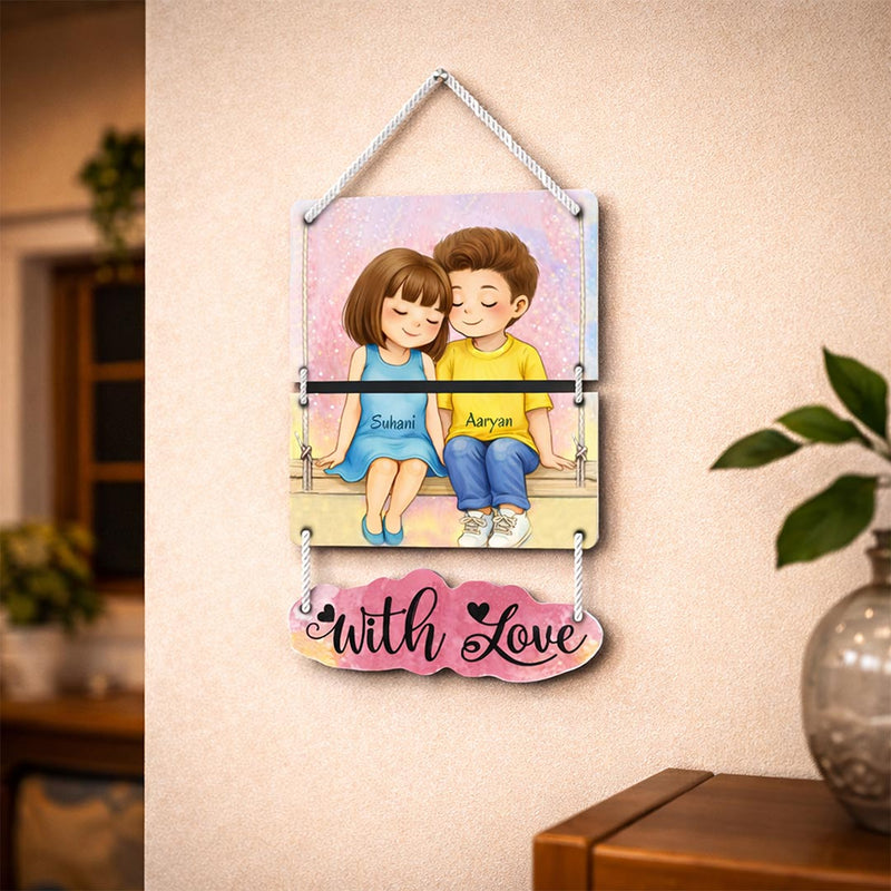 Personalized Cute Couple Cartoon Hanging Frame – Custom Name Romantic Wall Décor (14x9 Inch) | Love Craft Gifts