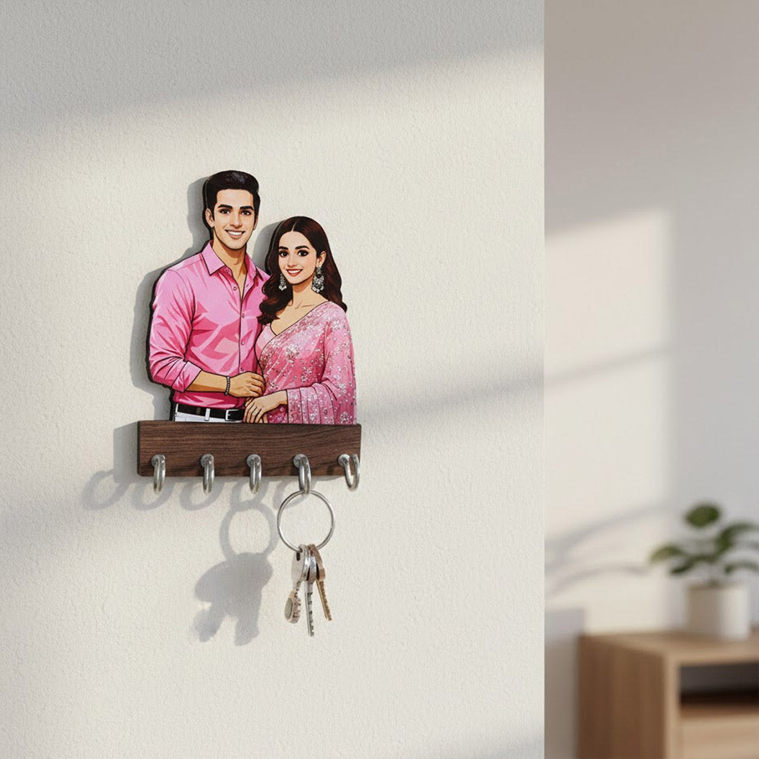 Personalized Couple Cartoon Wooden Key Holder (5×4”) | Love Craft Gifts