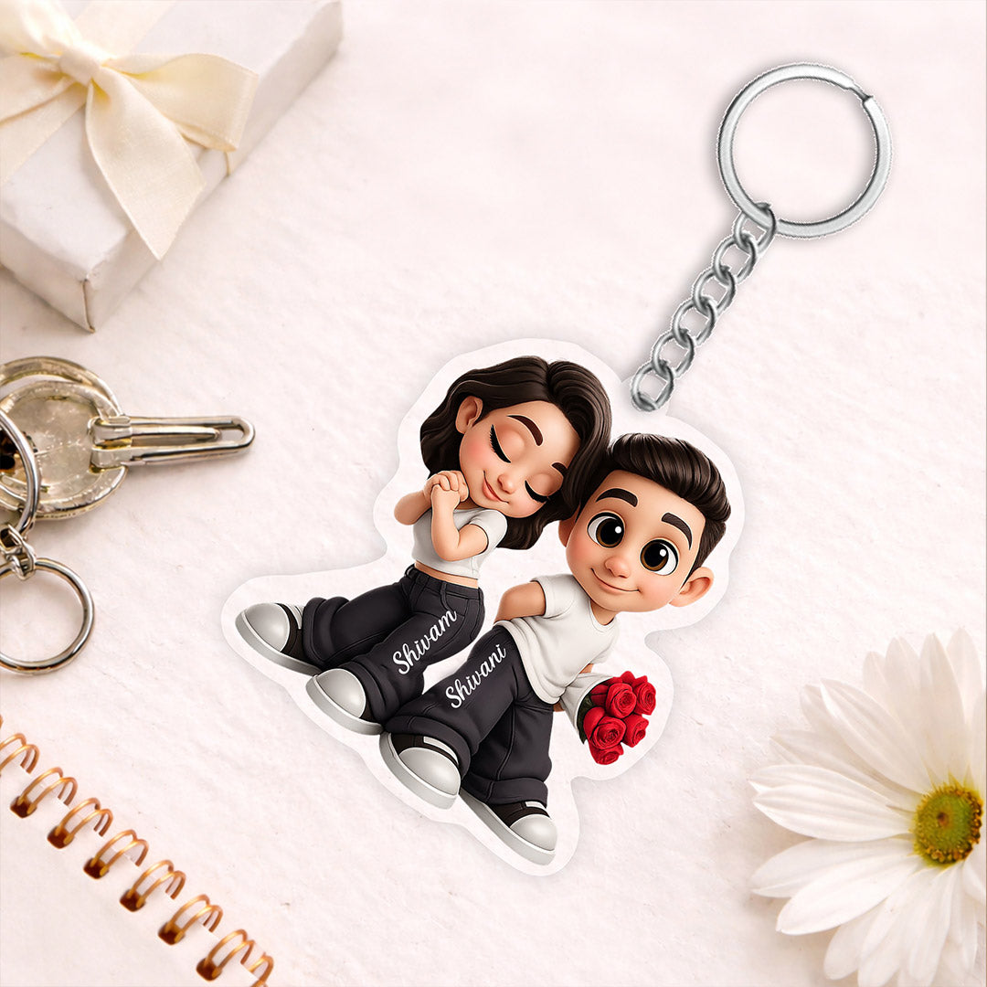 Personalized Cute Couple Cartoon Keychain – Custom Name Acrylic Keyring Gift for Boyfriend, Girlfriend & Couples | Romantic Mini Gift | Love Craft Gifts