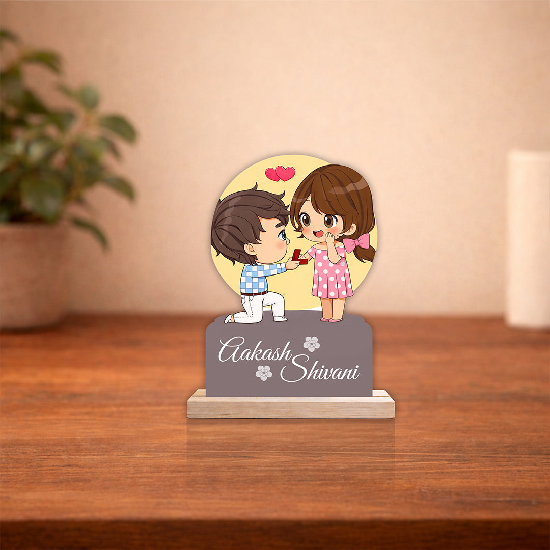 Personalized Couple Proposal Cartoon Wooden Cutout Table Stand – Custom Name Romantic Desk Décor (6x8 Inch) | Love Craft Gifts