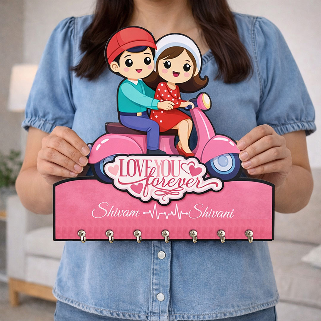 Personalized Couple Scooter Key Holder Wall Hanging – Custom Name Wooden Key Stand (7x8 Inch) | Love Craft Gifts