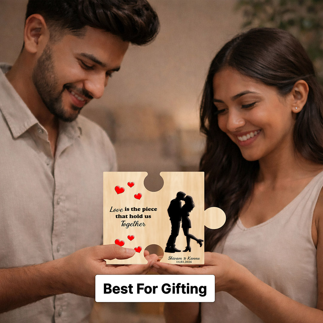 Personalized Puzzle Shape Wooden Plaque Custom Name & Date Couple Gift 8x7 Inch | Love Craft Gifts