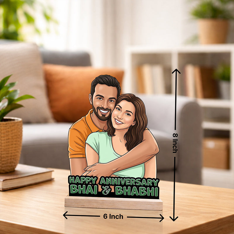 Personalized Anniversary Cartoon Wooden Table Stand – Custom Photo Cutout Gift for Bhai & Bhabhi (6x8 Inch) | Love Craft Gifts™
