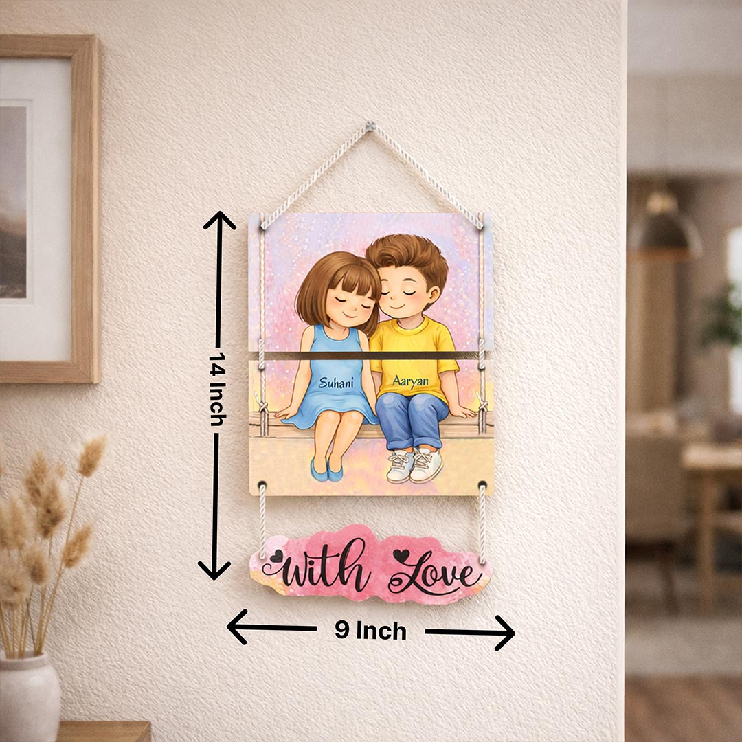 Personalized Cute Couple Cartoon Hanging Frame – Custom Name Romantic Wall Décor (14x9 Inch) | Love Craft Gifts