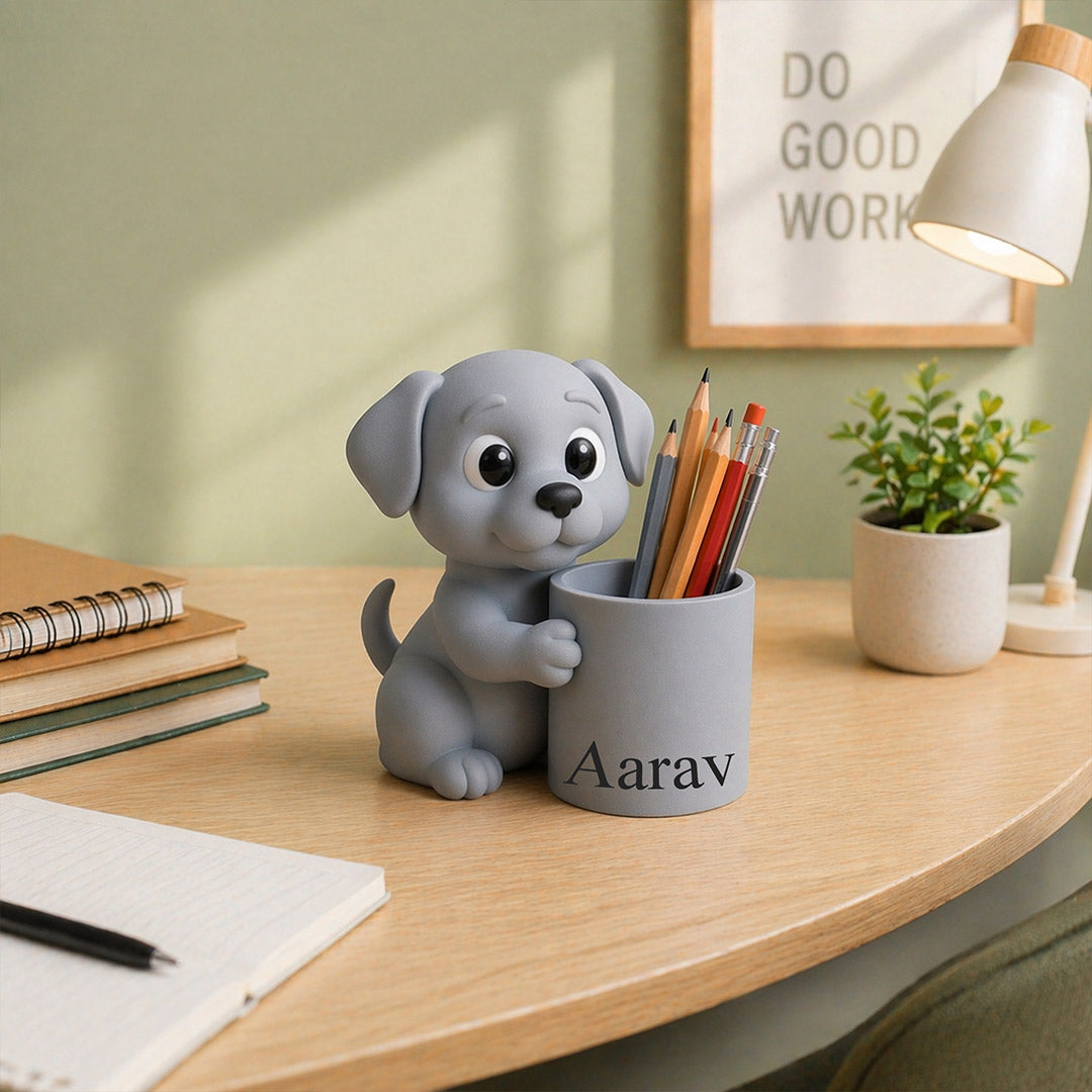 Personalized Cute Puppy Pen Holder – Custom Name Grey Puppy Desk Organizer Gift | Love Craft Gifts™