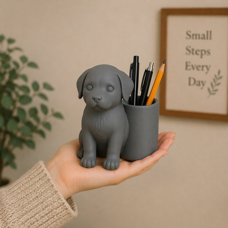 Personalized Grey Dog Pen Holder – Custom Name Cute Desk Organizer Gift for Dog Lovers | Love Craft Gifts™
