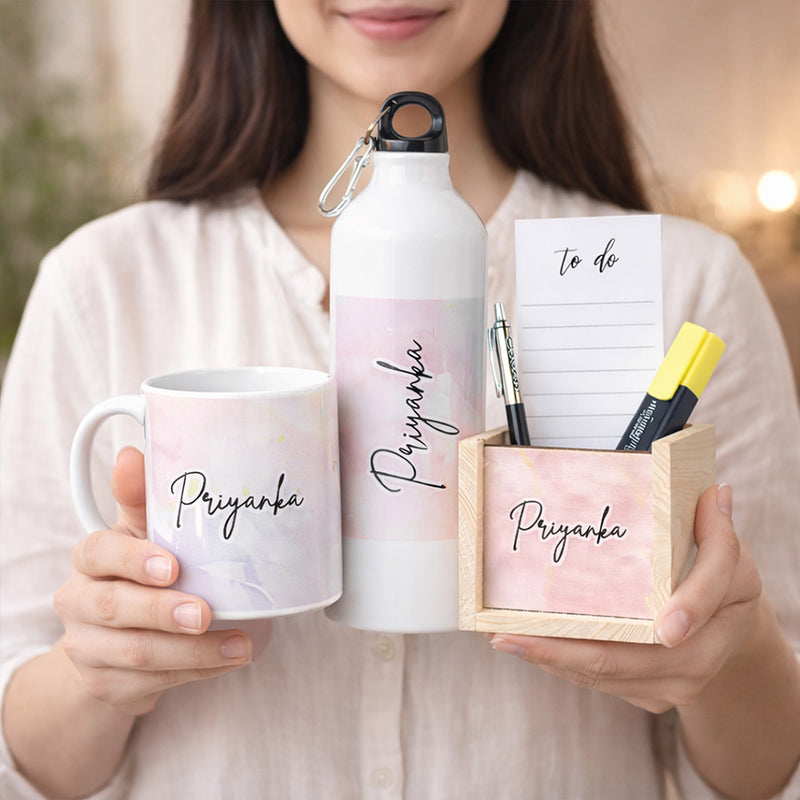 Personalized Gift Combo Set for Women – Custom Name Water Bottle, Coffee Mug & Wooden Pen Holder Desk Organizer | Birthday Gift for Girls, Sister & Friend | Love Craft Gifts