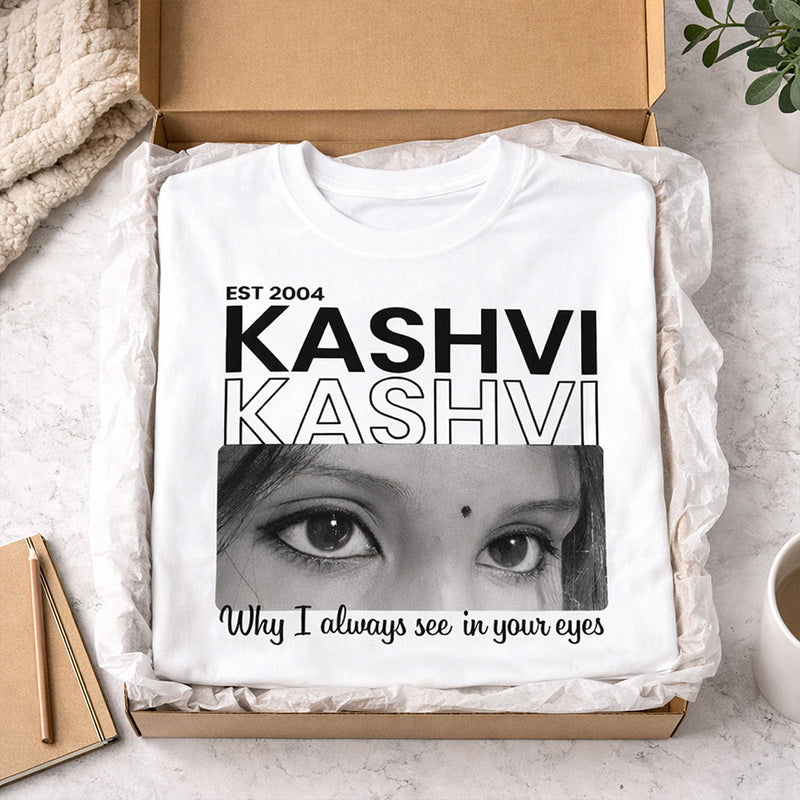 Personalized Name & Eye Photo Print White T-Shirt – Unisex Custom Wear | Love Craft Gifts