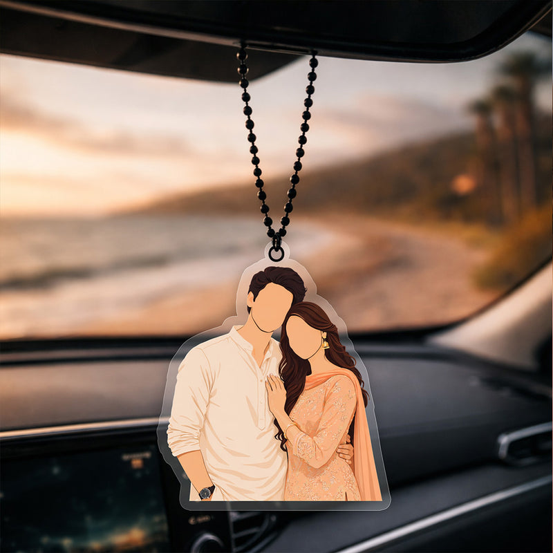 Personalized Faceless Couple Car Hanging – Custom Photo Acrylic Rear View Mirror Hanging Décor (2x3 Inch) | Love Craft Gifts