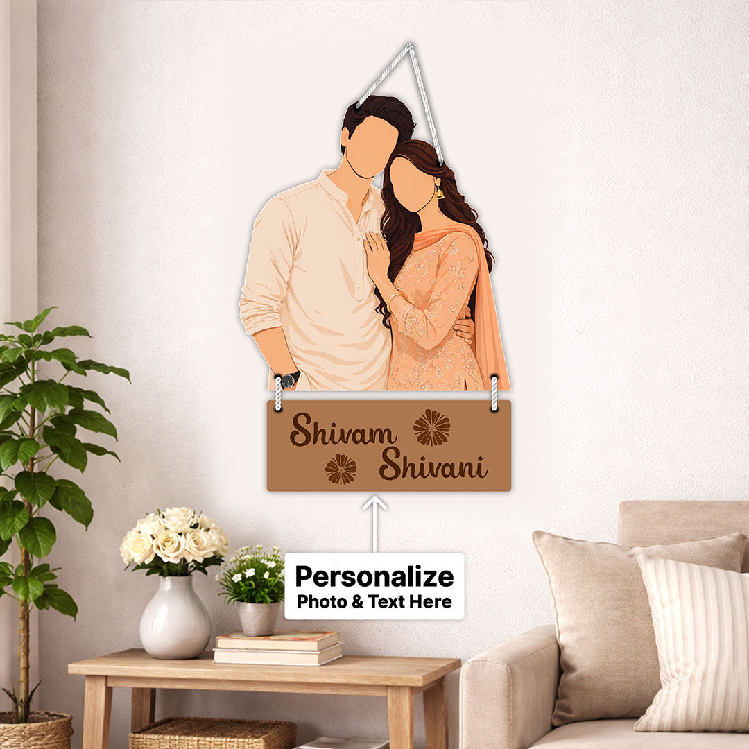 Personalized Faceless Couple Wooden Wall Hanging Frame – Custom Photo & Name Romantic Hanging Décor (8x12 Inch) | Love Craft Gifts