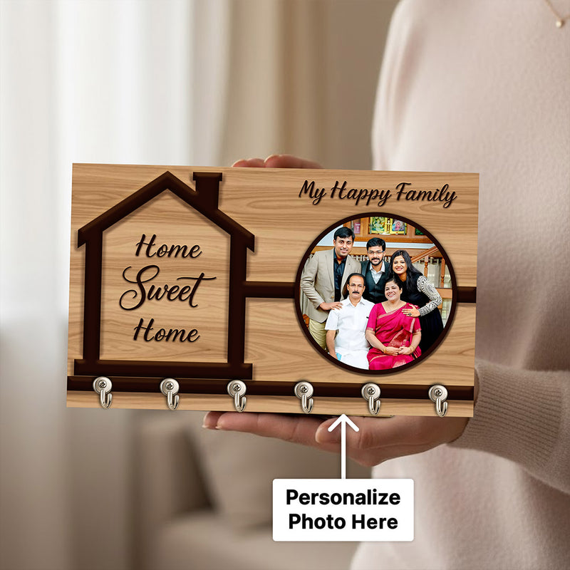 Personalized Family Wooden Key Holder with Photo Frame – Custom Home Sweet Home Key Hanger Gift (10x6 Inch) | Love Craft Gifts