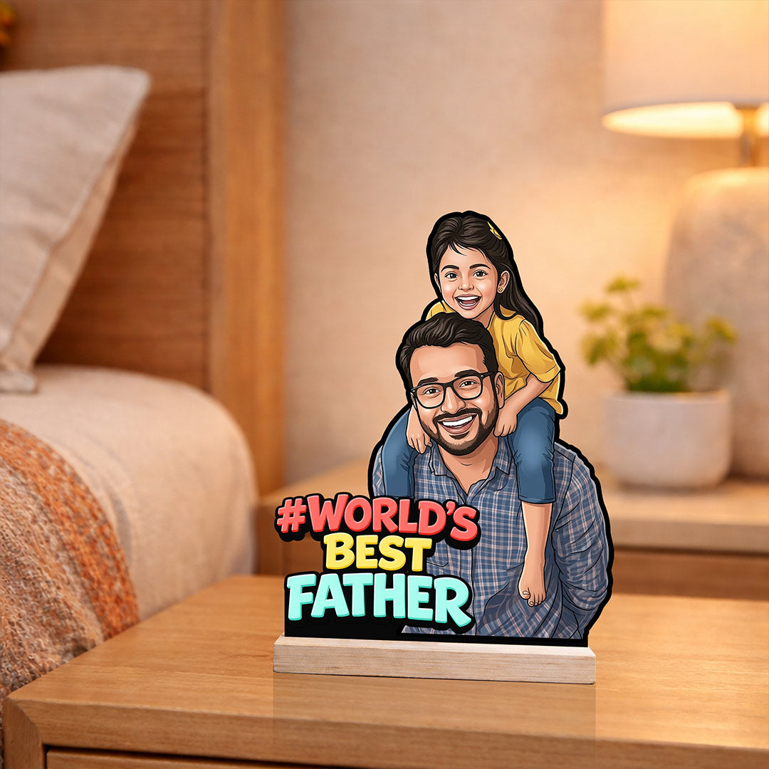 Personalized “World’s Best Father” Wooden Cartoon Cutout Stand (6x8 Inch) Custom Photo Table Top Décor Gift for Dad | Love Craft Gifts