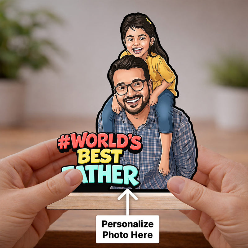 Personalized “World’s Best Father” Wooden Cartoon Cutout Stand (6x8 Inch) Custom Photo Table Top Décor Gift for Dad | Love Craft Gifts