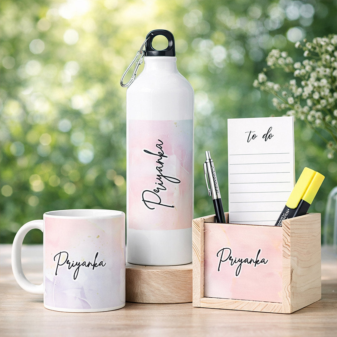 Personalized Gift Combo Set for Women – Custom Name Water Bottle, Coffee Mug & Wooden Pen Holder Desk Organizer | Birthday Gift for Girls, Sister & Friend | Love Craft Gifts