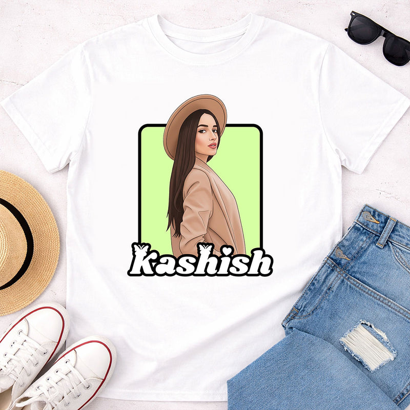 Personalized Girl Portrait Illustration T-Shirt – Custom Pic & Name Print | Love Craft Gifts
