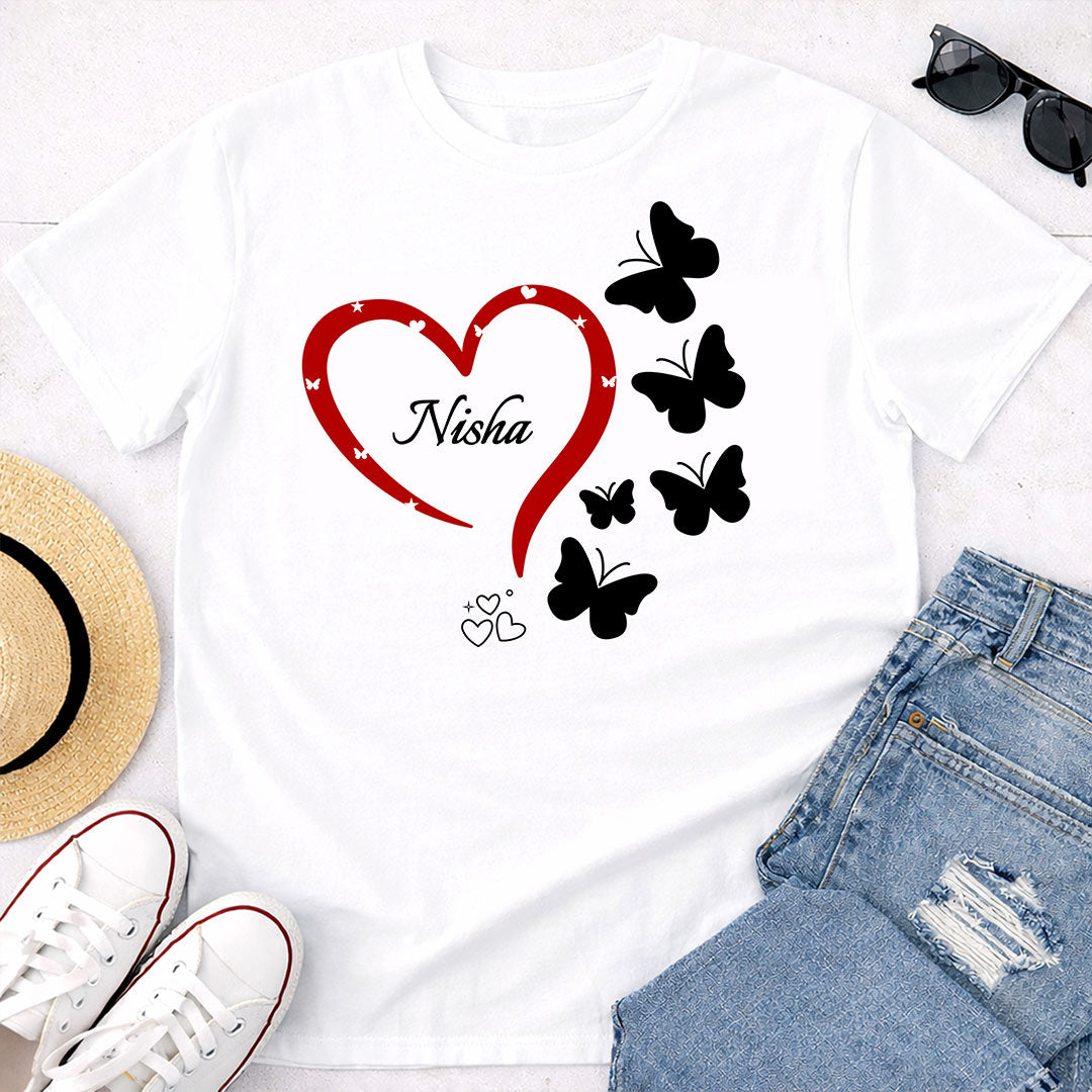Personalized Heart & Butterfly Name Print White T-Shirt – Unisex Casual Wear | Love Craft Gifts