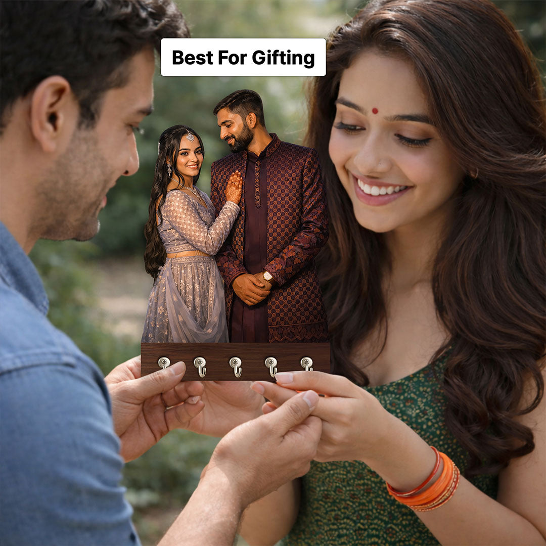 Personalized Couple Photo Key Holder Wooden Wall Hanger – Custom Picture Key Stand (6x8 Inch) | Love Craft Gifts