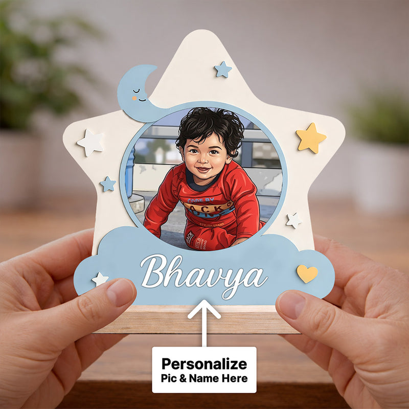 Personalized Kids Photo Name Star Table Top with Custom Cartoon Design (6x6 Inch) Cute Baby Desk Décor Gift | Love Craft Gifts