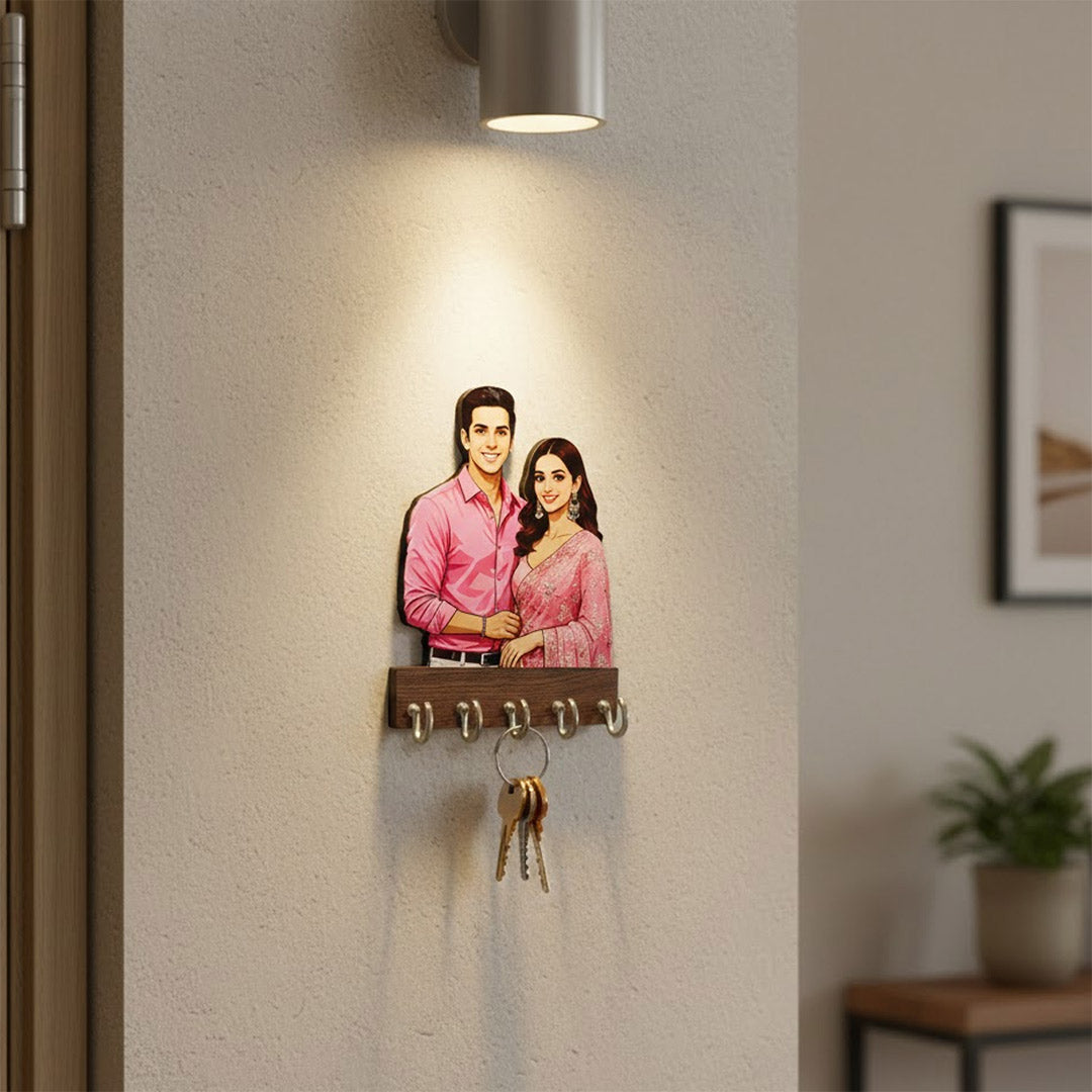Personalized Couple Cartoon Wooden Key Holder (5×4”) | Love Craft Gifts