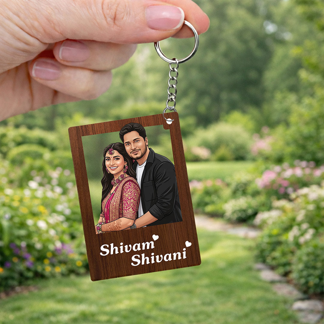 Personalized Photo Cutout Wooden Keychain – Custom Couple Name Frame Keyring (2x2.8 Inch) | Love Craft Gifts