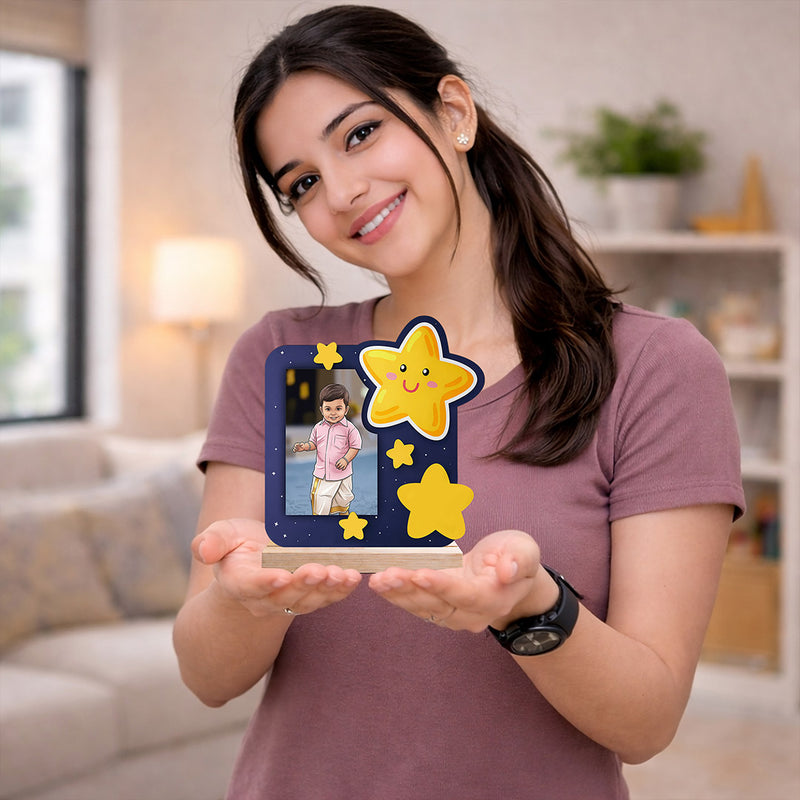 Personalized Kids Wooden Photo Frame with Cartoon Star Design (6x6 Inch) Custom Baby Picture Table Top Décor Gift | Love Craft Gifts