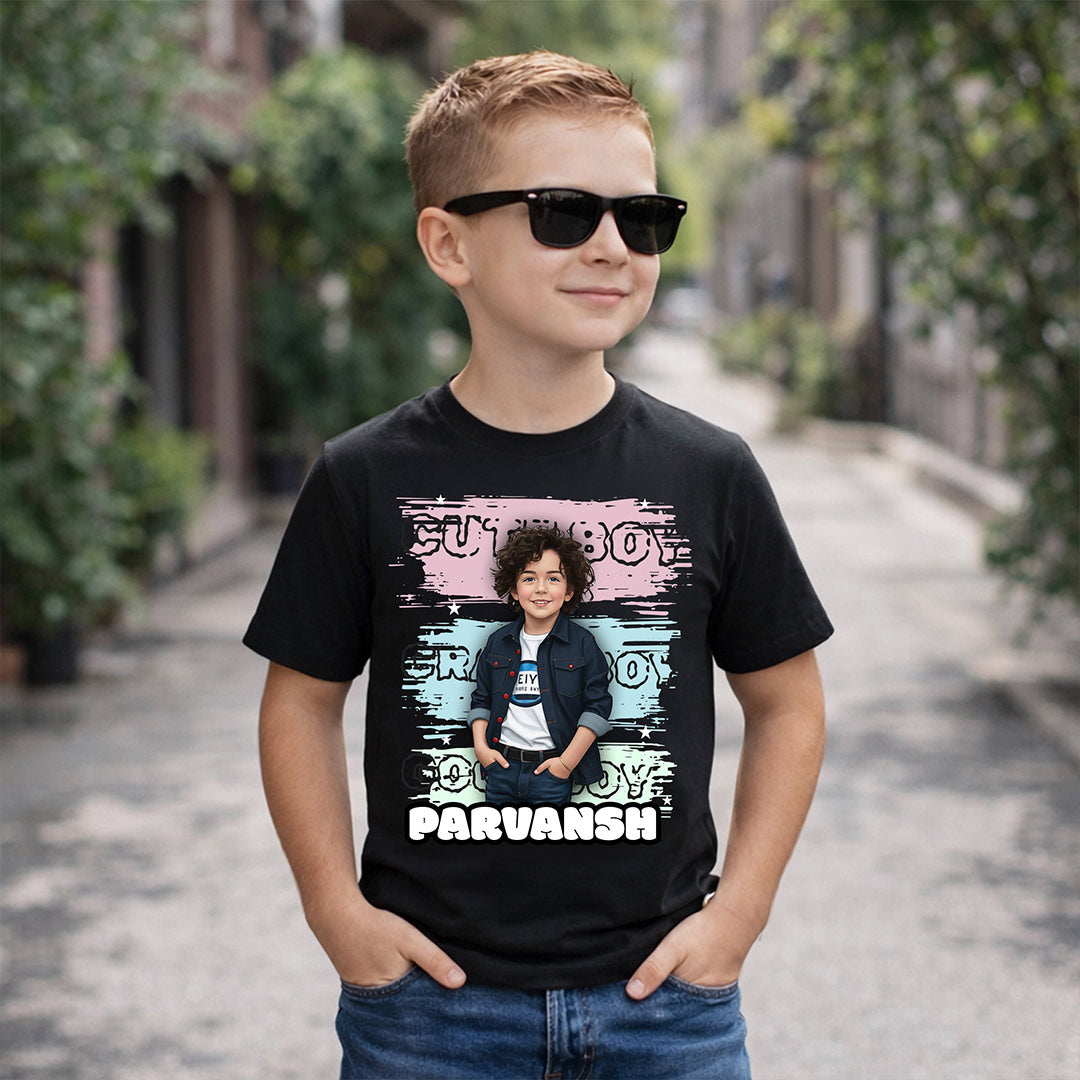 Personalized Cute Boy Photo T-Shirt – Custom Name & Picture Printed Black Tee for Kids | Love Craft Gifts
