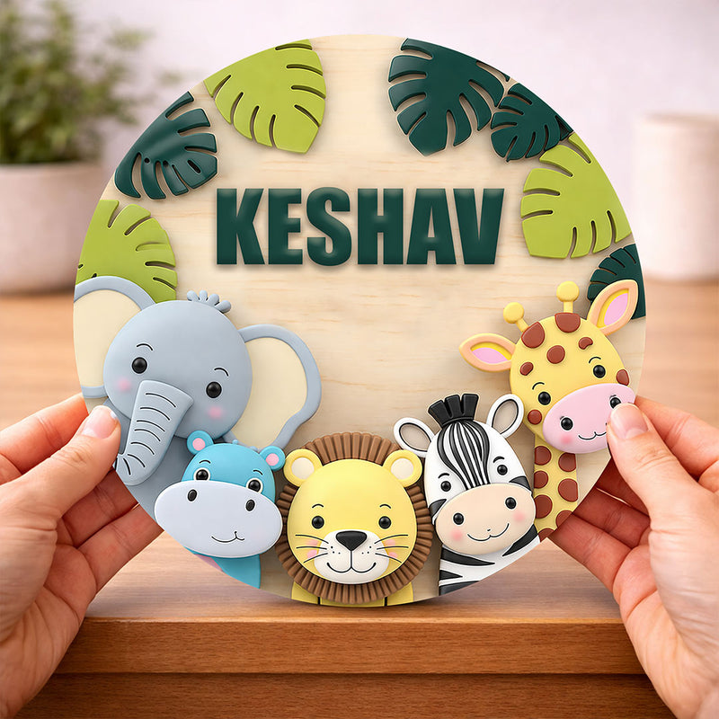 Personalized Kids Name Wooden Door Sign with Cute Animal Theme – Custom Nursery Name Wall Décor (8x8 Inch) | Love Craft Gifts