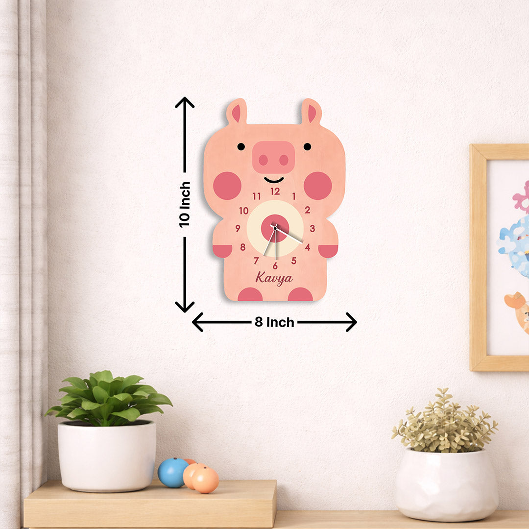 Personalized Pig Wooden Wall Clock Custom Name Kids Room Decor 8x10 Inch | Love Craft Gifts