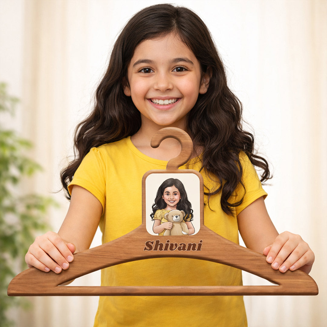 Personalized Kids Wooden Clothes Hanger with Photo & Name (17x9 Inch) Custom Cartoon Hanger for Baby & Kids Wardrobe | Love Craft Gifts