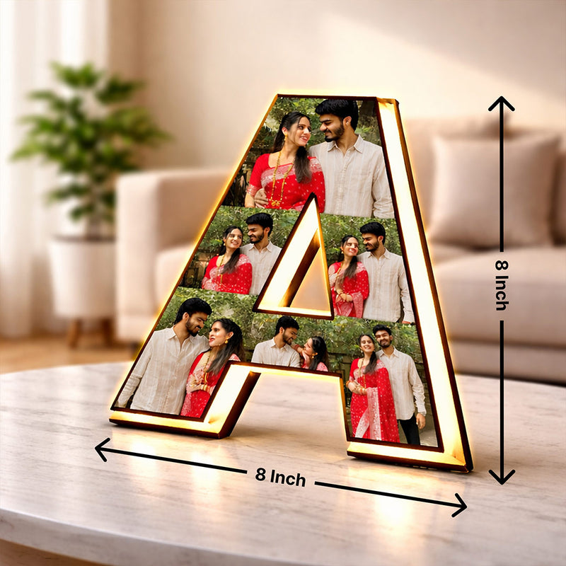 Personalized Alphabet LED Photo Frame (8x8 Inch) Custom Initial Letter Light Frame with Photos Table Top Décor Gift for Couples | Love Craft Gifts