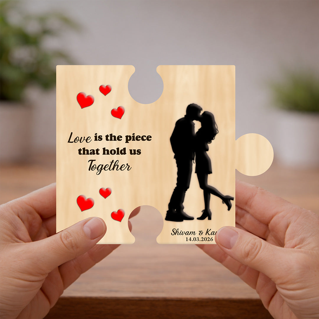 Personalized Puzzle Shape Wooden Plaque Custom Name & Date Couple Gift 8x7 Inch | Love Craft Gifts