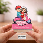 Personalized Couple Scooter Cartoon Wooden Cutout Table Stand – Custom Name Romantic Gift Décor (6x7 Inch) | Love Craft Gifts