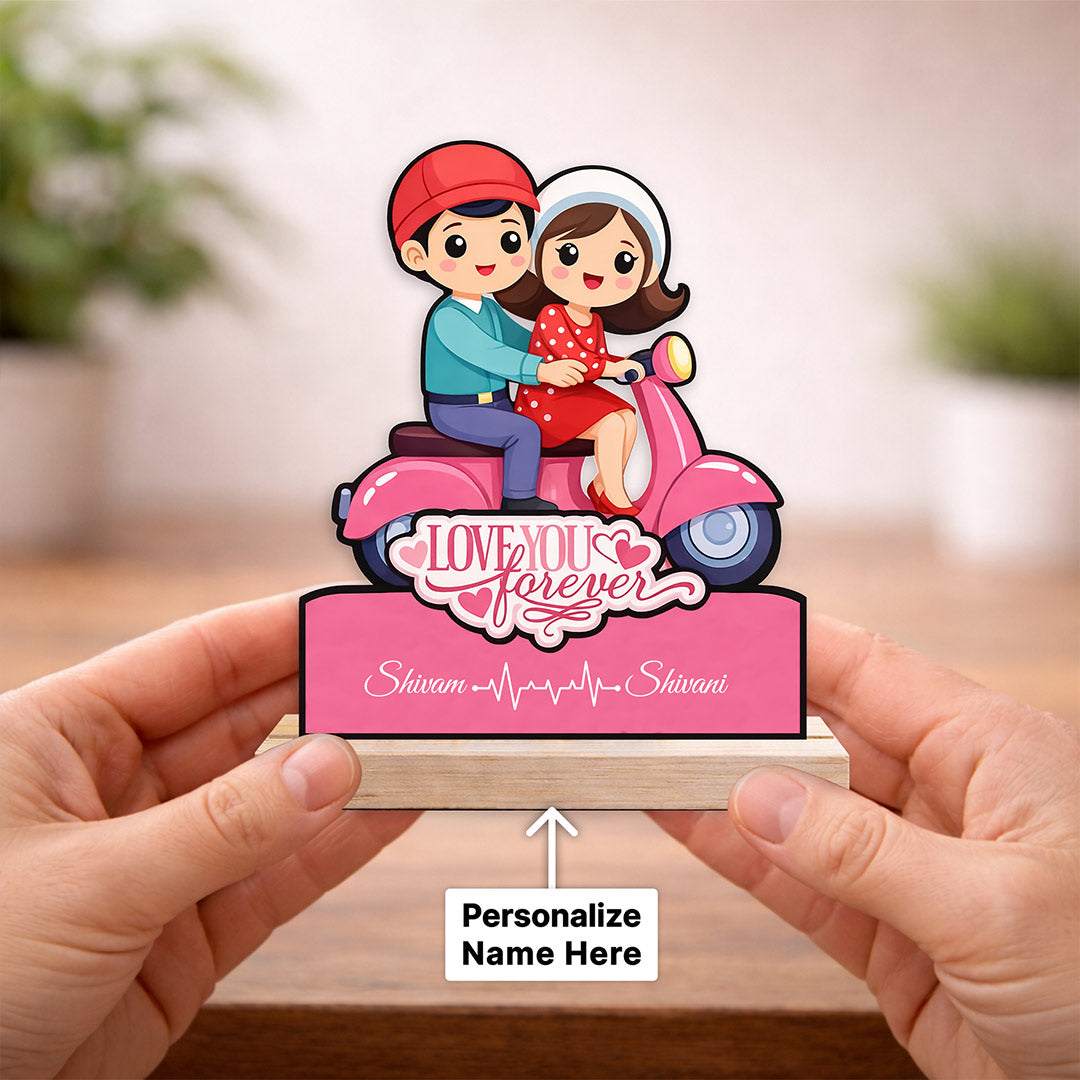 Personalized Couple Scooter Cartoon Wooden Cutout Table Stand – Custom Name Romantic Gift Décor (6x7 Inch) | Love Craft Gifts