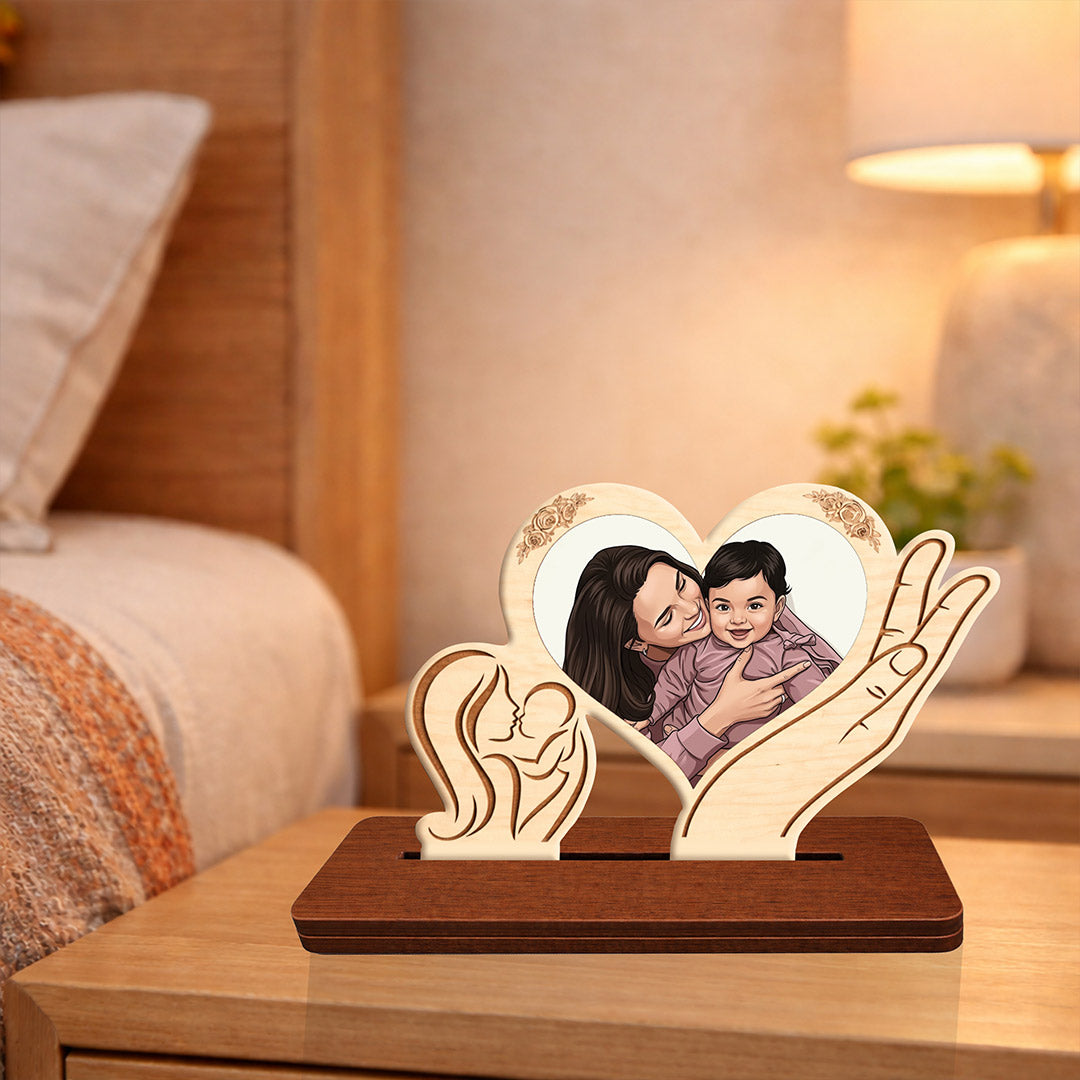 Personalized Mother & Baby Wooden Photo Table Stand (Heart Design) Custom Mom & Child Keepsake Gift for Mother’s Day, Birthday & New Moms | Love Craft Gifts