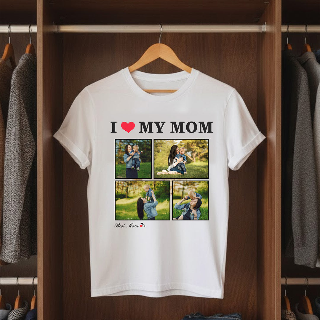 Personalized I ❤️ My Mom Photo Collage T-Shirt – Custom 4 Pics Design | Love Craft Gifts