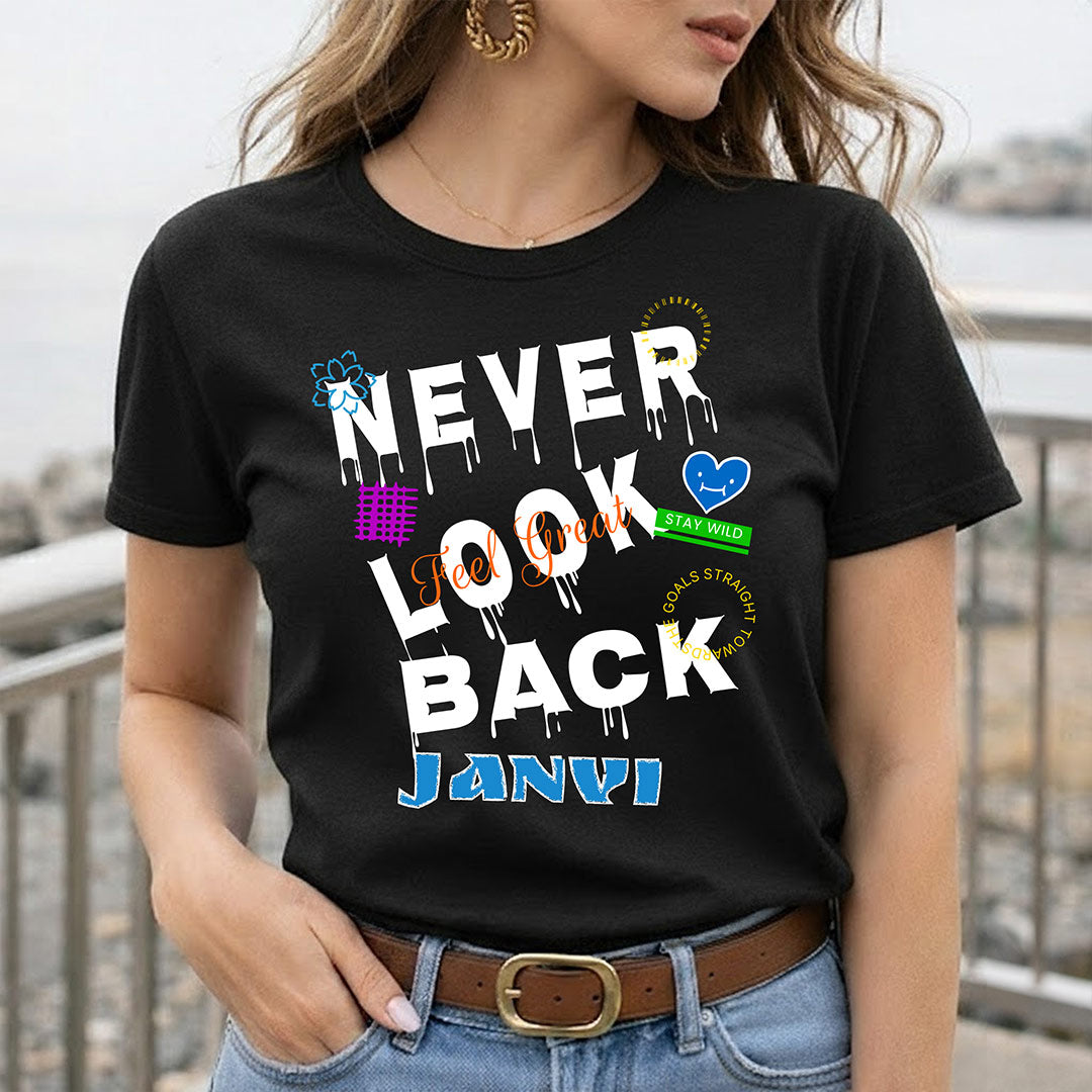 Personalized Never Look Back Name T-Shirt for Girls – Custom Printed Black Motivational Tee | Love Craft Gifts