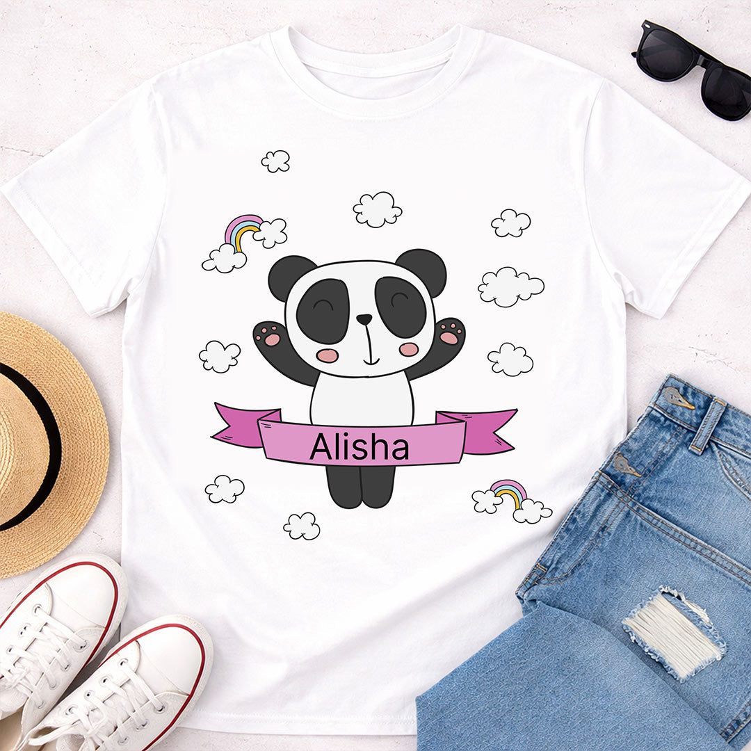 Personalized Cute Panda Girl White T-Shirt – Custom Name Printed Kids Tee | Love Craft Gifts
