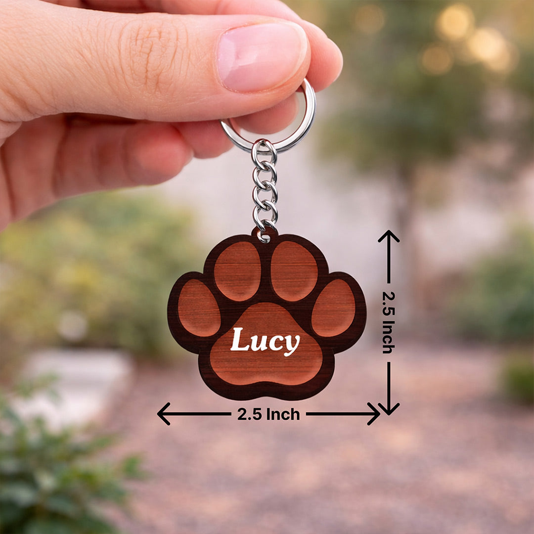 Personalized Pet Name Wooden Keychain Paw Shape – Custom Dog Name Keyring Gift (2.5 Inch) | Love Craft Gifts