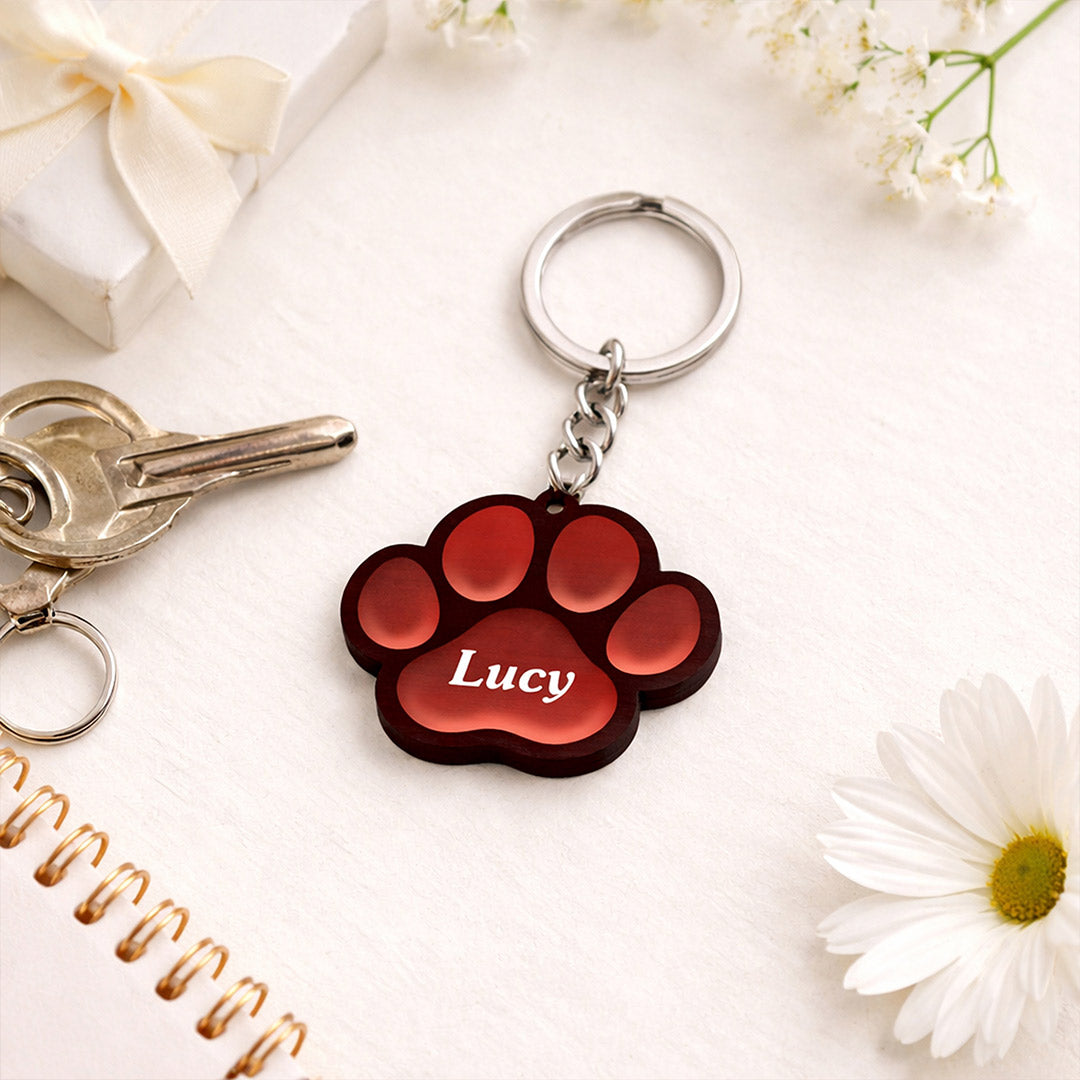 Personalized Pet Name Wooden Keychain Paw Shape – Custom Dog Name Keyring Gift (2.5 Inch) | Love Craft Gifts