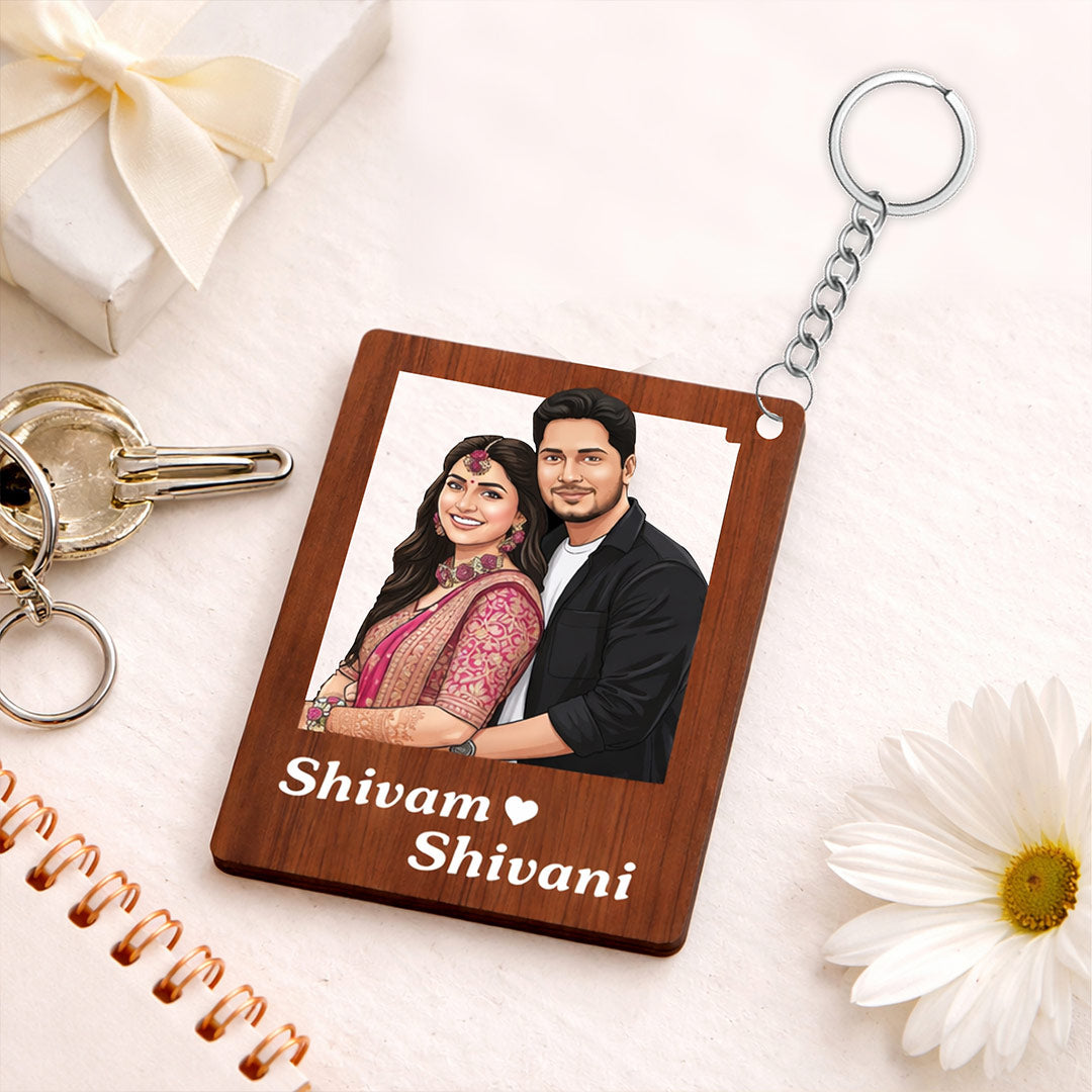 Personalized Photo Cutout Wooden Keychain – Custom Couple Name Frame Keyring (2x2.8 Inch) | Love Craft Gifts