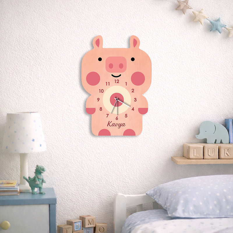 Personalized Pig Wooden Wall Clock Custom Name Kids Room Decor 8x10 Inch | Love Craft Gifts