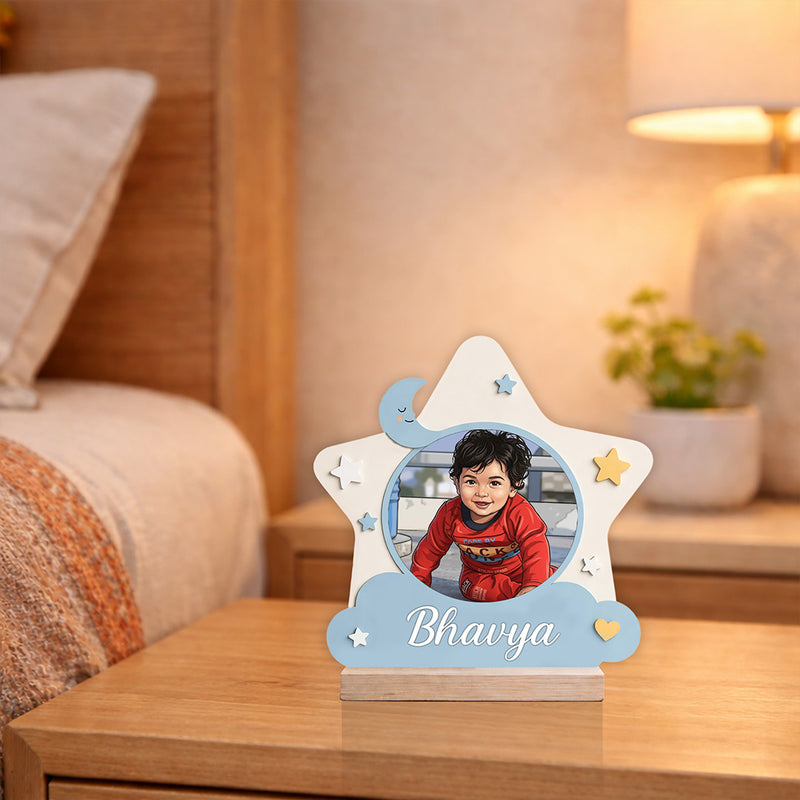 Personalized Kids Photo Name Star Table Top with Custom Cartoon Design (6x6 Inch) Cute Baby Desk Décor Gift | Love Craft Gifts