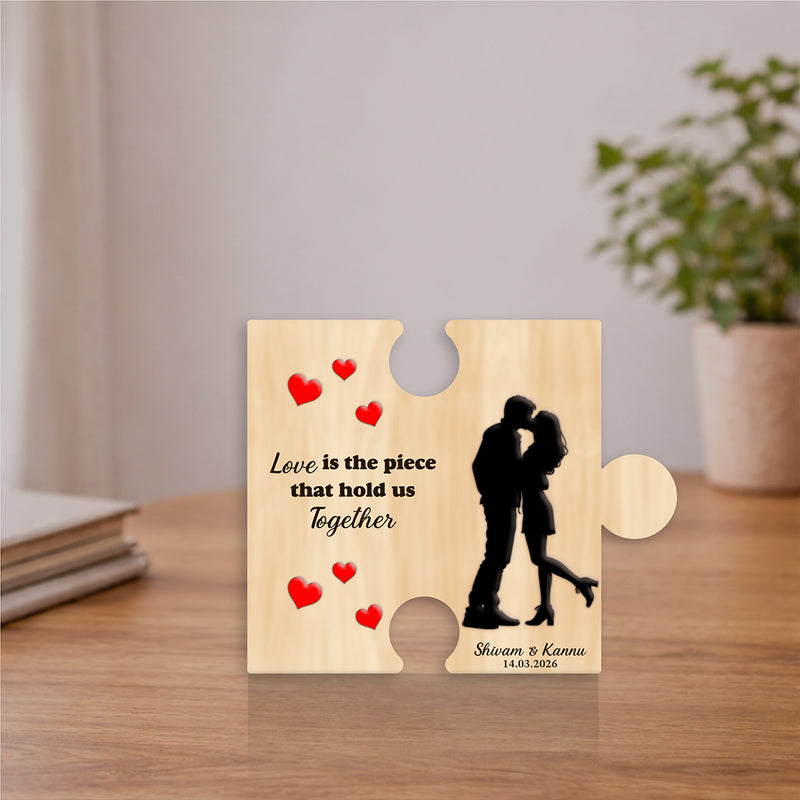 Personalized Puzzle Shape Wooden Plaque Custom Name & Date Couple Gift 8x7 Inch | Love Craft Gifts