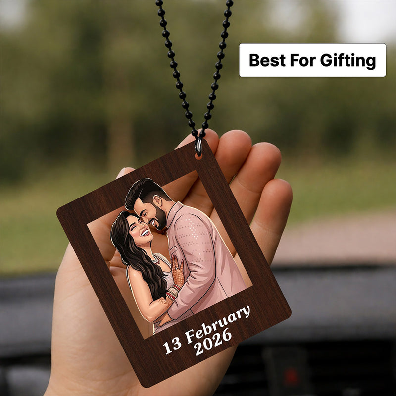 Personalized Photo Cutout Car Hanging Frame – Custom Couple Date Wooden Rear View Mirror Charm (2.5x3 Inch)
