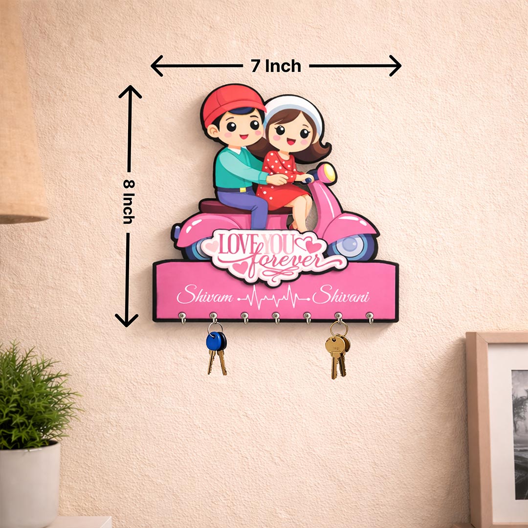 Personalized Couple Scooter Key Holder Wall Hanging – Custom Name Wooden Key Stand (7x8 Inch) | Love Craft Gifts