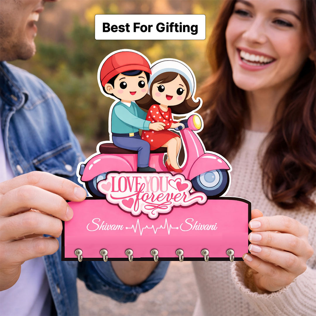 Personalized Couple Scooter Key Holder Wall Hanging – Custom Name Wooden Key Stand (7x8 Inch) | Love Craft Gifts