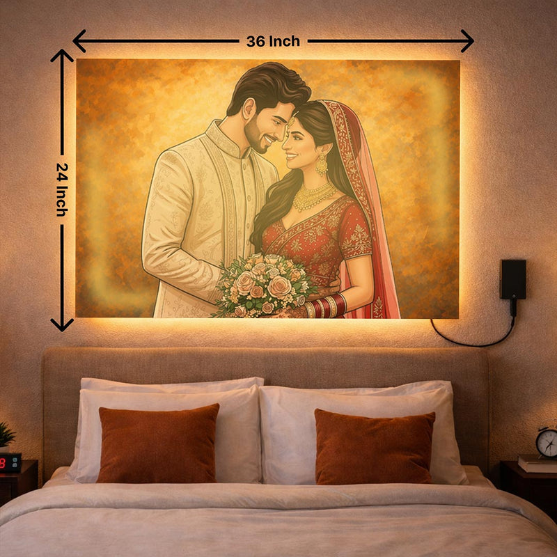 Personalized LED Acrylic Wedding Couple Cartoon Wall Frame with Warm Light (24x36 Inch) Custom Photo Wall Décor Gift | Love Craft Gifts