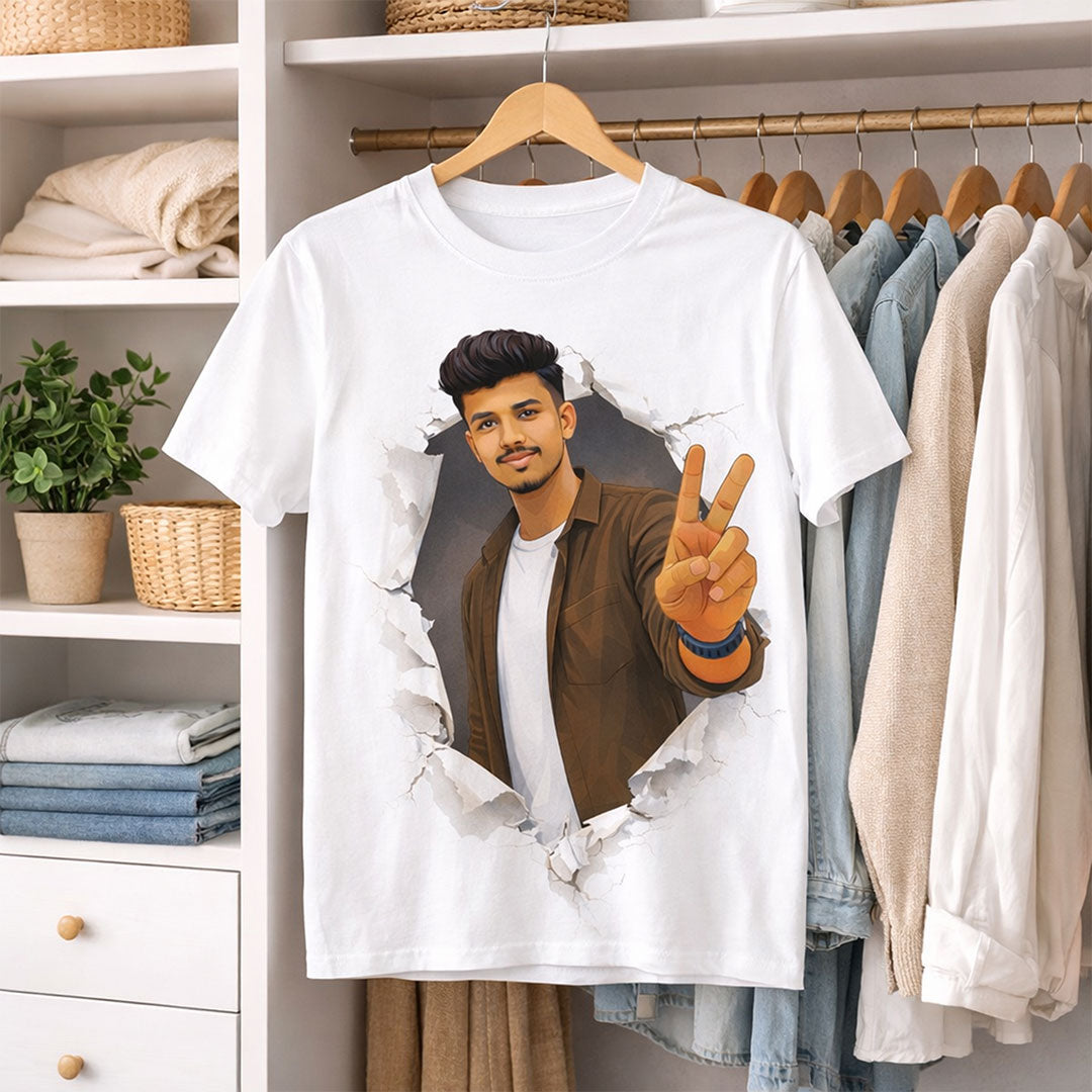 Personalized 3D Broken Wall Photo Print White T-Shirt – Custom Portrait Unisex Tee | Love Craft Gifts